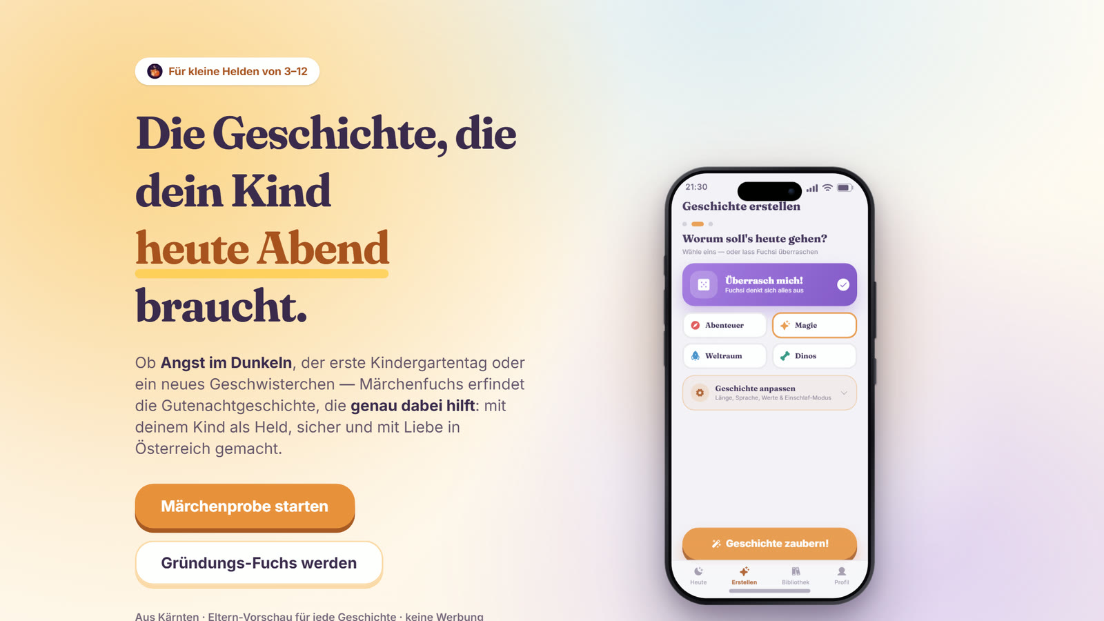Märchenfuchs – Startseite der Landingpage mit App-Vorschau am Handy